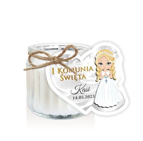 Świeczka zapachowa, podziękowanie dla gości na Komunię, Dziewczynka w sukience