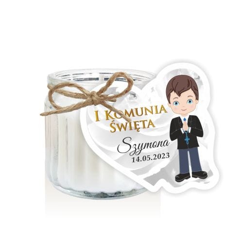 Świeca - podziękowanie dla gości na Pierwszą Komunię, wzór dla chłopca