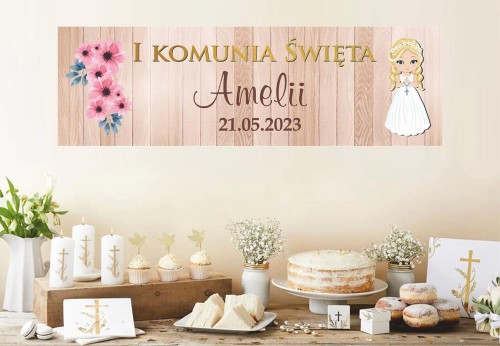 Baner plakat powitalny na komunię dla dziewczynki  z blond włosami, plakat komunijny dla dziecka