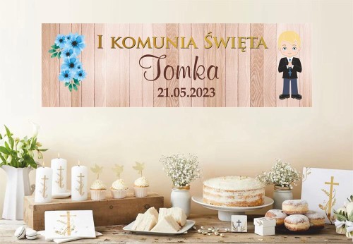 Baner plakat powitalny na komunię dla chłopca blondyna BAN703