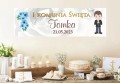 Baner plakat powitalny biały na komunię dla chłopca z niebieskimi kwiatami 707