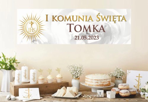Baner plakat powitalny biały na komunię Złota Hostia 709