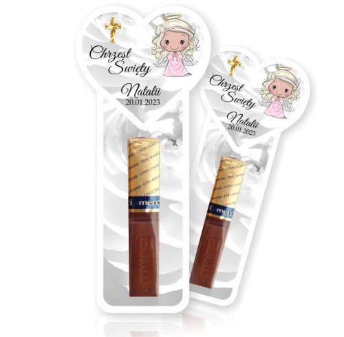 Podziękowanie dla gości Merci, Podkładka z aniołkiem na Chrzest Święty