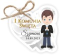 Papierowa zawieszka do prezentów na komunię, dla chłopca bruneta