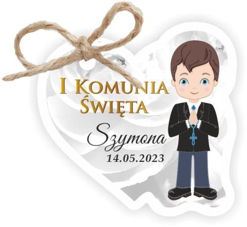 Papierowa zawieszka do prezentów na komunię, dla chłopca bruneta