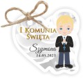 Papierowa zawieszka bilecik do prezentów na komunię, dla chłopca o blond włosach