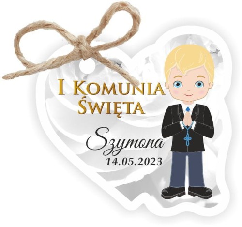 Papierowa zawieszka bilecik do prezentów na komunię, dla chłopca o blond włosach