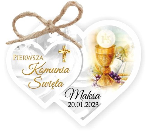 Papierowa zawieszka do prezentów na komunię, kielich IHS, bilecik do prezentów komunijnych