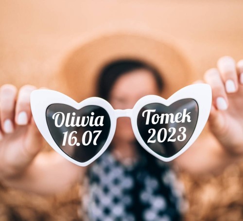 Naklejki z imionami na okulary na wesele, zabawne okulary w kształcie serca na ślub, białe okulary serca