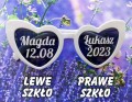 zabawne okulary na wesele z imionami pary młodej i datą ślubu, ślubne białe  okulary w kształcie serca na ślub, białe okulary serce