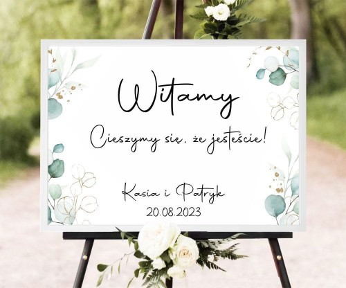 Tablica powitalna na ślub i wesele 50x70cm gałązka eukaliptusa