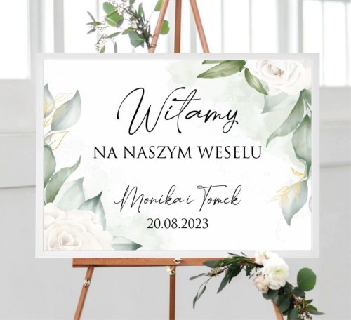 Tablica powitalna na salę weselną 50x70cm białe róże, tablica witająca gości