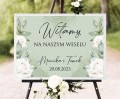 Tablica powitalna na ślub - Białe róże na zielonym tle Tablica witająca gości weelnych