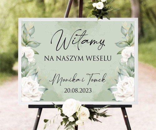 Tablica powitalna na ślub - Białe róże na zielonym tle Tablica witająca gości weelnych