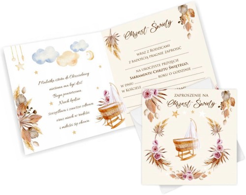 Zaproszenie na chrzest w stylu boho, zaproszenia na Chrzest Święty do wypisania, zaproszenia BOHO beżowe