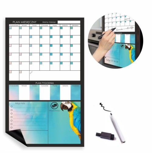 Planer magnetyczny na lodówkę z pisakiem Ciemna tablica magnetyczna z papugą