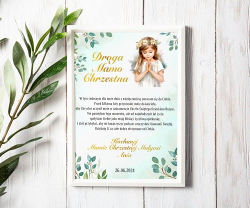 Podziękowanie dla Matki Chrzestnej Ramka i plakat z dedykacją na I Komunię Świętą od dziewczynki