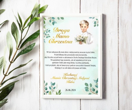 Podziękowanie dla Matki Chrzestnej od chłopca, Ramka I Komunia Święta