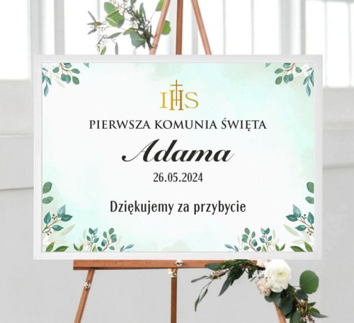 Tablica powitalna na I Komunię Zielone liście eukaliptusa