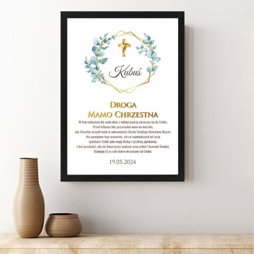 Podziękowanie dla Matki Chrzestnej Plakat z dedykacją na I Komunię Świętą eukaliptus w ramce