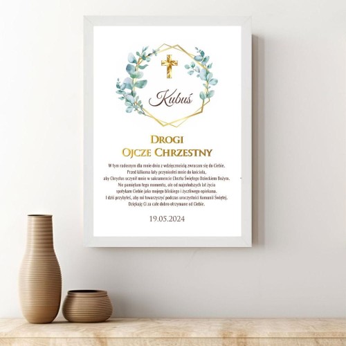 Podziękowanie dla Ojca Chrzestnego Plakat z dedykacją na I Komunię Świętą eukaliptus w ramce