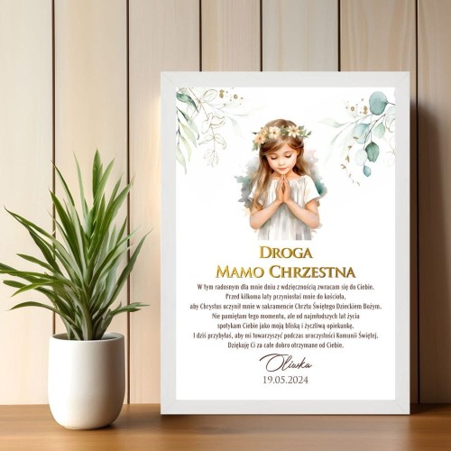 Podziękowanie dla Chrzestnej Plakat z dedykacją na I Komunię Świętą gałązki eukaliptusa