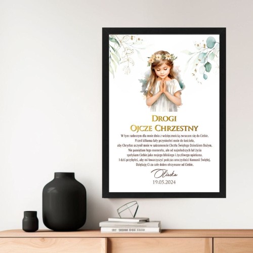 Dla Chrzestnego Plakat z dedykacją na I Komunię Świętą gałązki eukaliptusa