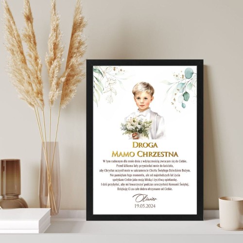 Podziękowanie dla Chrzestnej Plakat z dedykacją na I Komunię Świętą gałązka eukaliptusa