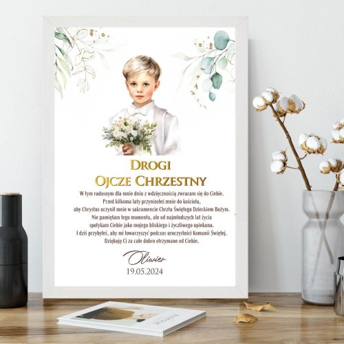 Podziękowanie dla Taty Chrzestnego Plakat z dedykacją na I Komunię Świętą gałązka eukaliptusa