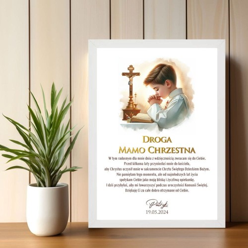Podziękowanie dla Matki Chrzestnej Plakat z dedykacją na I Komunię Świętą od chrześniaka z krzyżem
