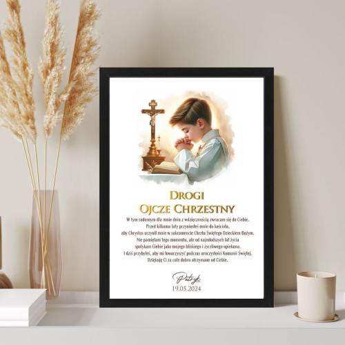 Podziękowanie dla Ojca Chrzestnego Plakat z dedykacją na I Komunię Świętą od chrześniaka z krzyżem