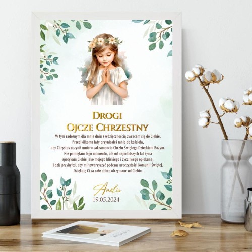 Podziękowanie dla Taty Chrzestnego Plakat z dedykacją na I Komunię Świętą od córki chrzestnej. Kolekcja greenery