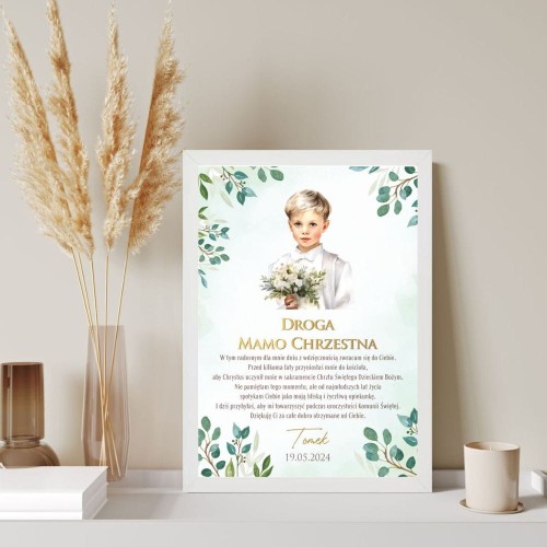 Plakat z dedykacją na I Komunię Świętą od syna chrzestnego. Kolekcja greenery