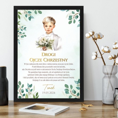 Podziękowanie dla Taty Chrzestnego Plakat z dedykacją na I Komunię Świętą od syna chrzestnego. Kolekcja greenery