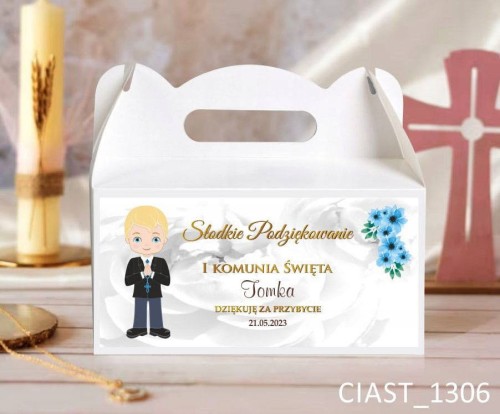 Pudełka na ciasto na I Komunię Świętą, podziękowanie od chłopca z blond włosami