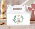 Pudełka na ciasto na I Komunię Świętą, podziękowanie liście eukaliptusa ze złotym krzyżem
