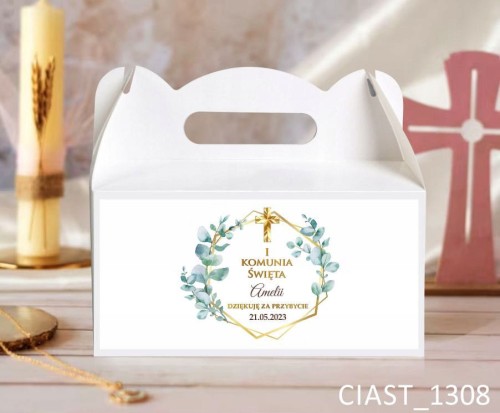 Pudełka na ciasto na I Komunię Świętą, podziękowanie liście eukaliptusa ze złotym krzyżem