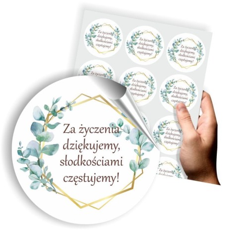 Naklejki komunijne w liście eukaliptusa, okrągłe naklejki na I komunię
