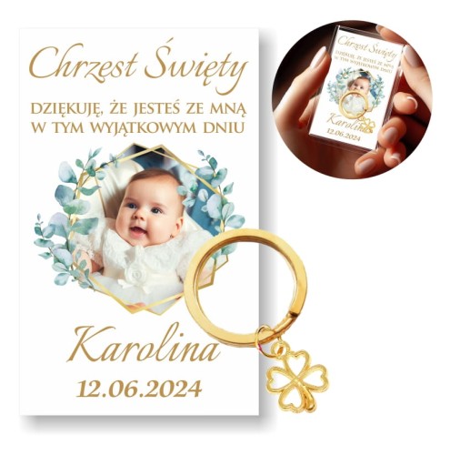 Podziękowanie dla gości na Chrzest, breloczek, zdjęcie dziecka