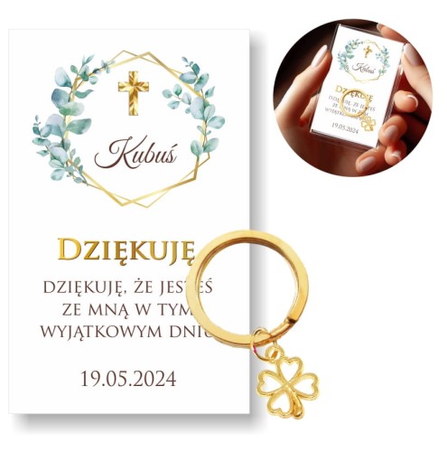 Upominek dla gości na Chrzest, brelok, złota koniczynka