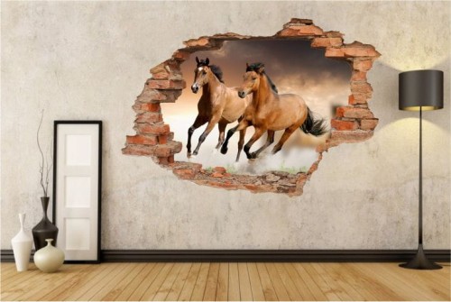 Naklejki na ścianę 3d widok dziura w ścianie konie zwierzęta, psy, koty, słonie, tygrysy