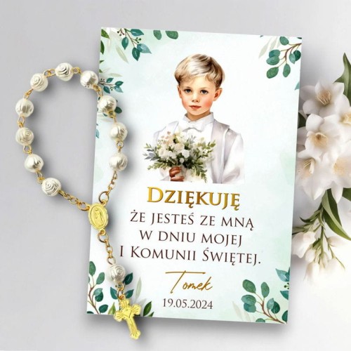 Różaniec podziękowanie dla gości I Komunii Św. od chłopca Dziesiątka różańca z karteczką