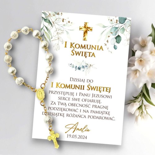 Różaniec podziękowanie dla gości I Komunia Liście eukaliptusa