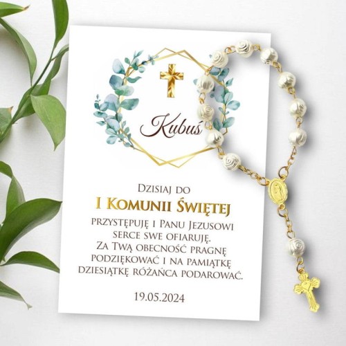 Różaniec podziękowanie dla gości w liście eukaliptusa I Komunia Święta dla chłopca i dziewczynki