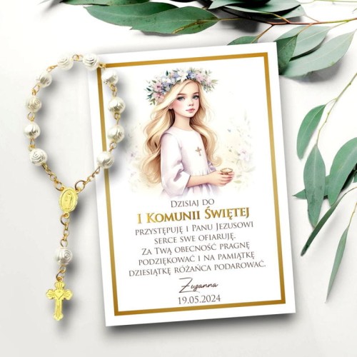 Podziękowanie Różaniec dla gości I Komunia Dziewczynki blondynki
