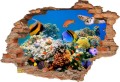Naklejki na ścianę 3d widok dziura w ścianie rafa, koralowa, plaża, pomost, góry, kosmos, delfiny, morze