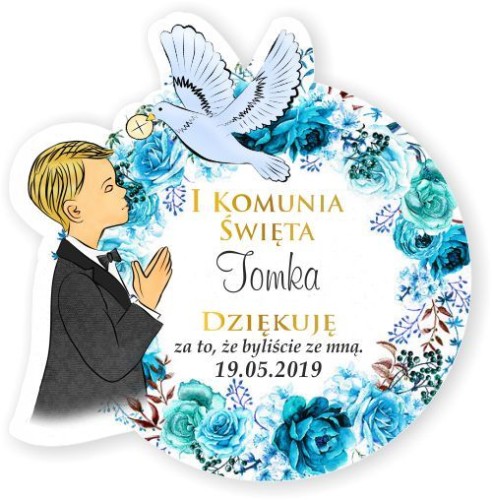 Podziękowania na Komunię Komunijne Komunia Magnes dla chłopca z niebieskim wiankiem