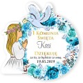 magnesy komunijne dla gości, upominek magnes na I komunię, Podziękowanie dla gości na Komunię Świętą magnes dla dziewczynki niebieski wianek