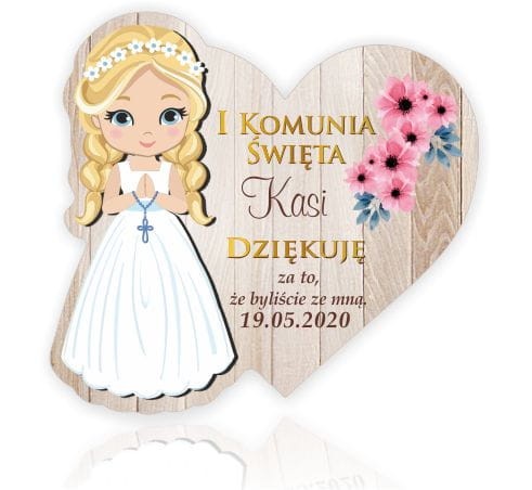 Personalizowane naklejki 7cm x 25szt. I Komunia, serce, dla dziewczynki, Woreczek, Podziękowanie dla gości