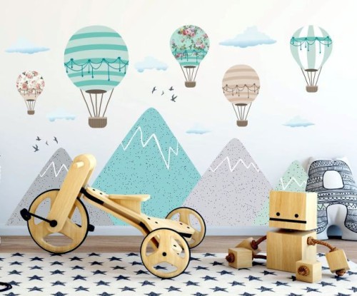 Turkusowe góry ,balony, chmurki, skandynawskie wzory